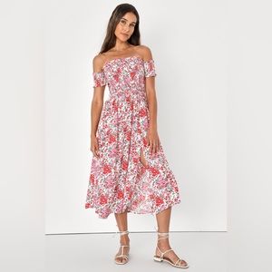 Lulu’s • View from the Meadow Cream Floral Print Off-the-Shoulder Dress